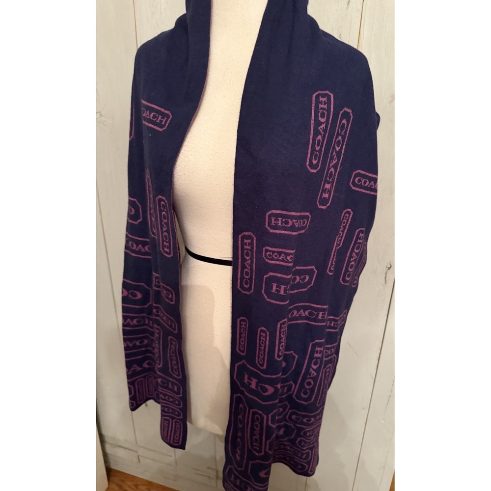 COACH Cashmere Wool Navy Purple‎ reversible rectangle logo purple Scarf Wrap
